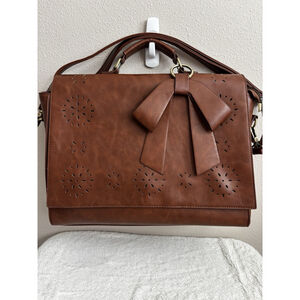 SOSATCHEL Faux Leather Laptop Bag Briefcase Shoulder Strap with Bow Purse Brown